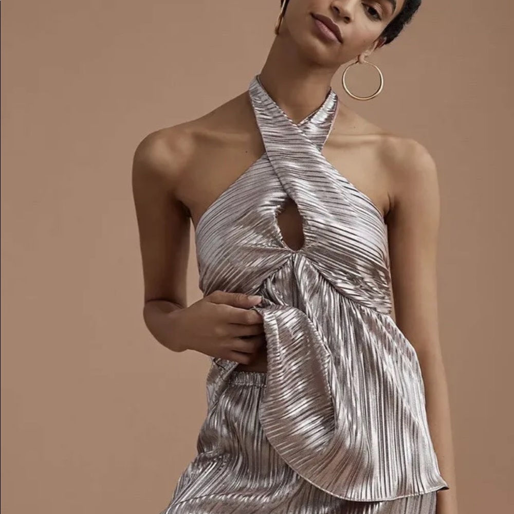 Anthropologie Shimmer V-Neck Tank, Silver Bronze Metallic Tank, Size M,